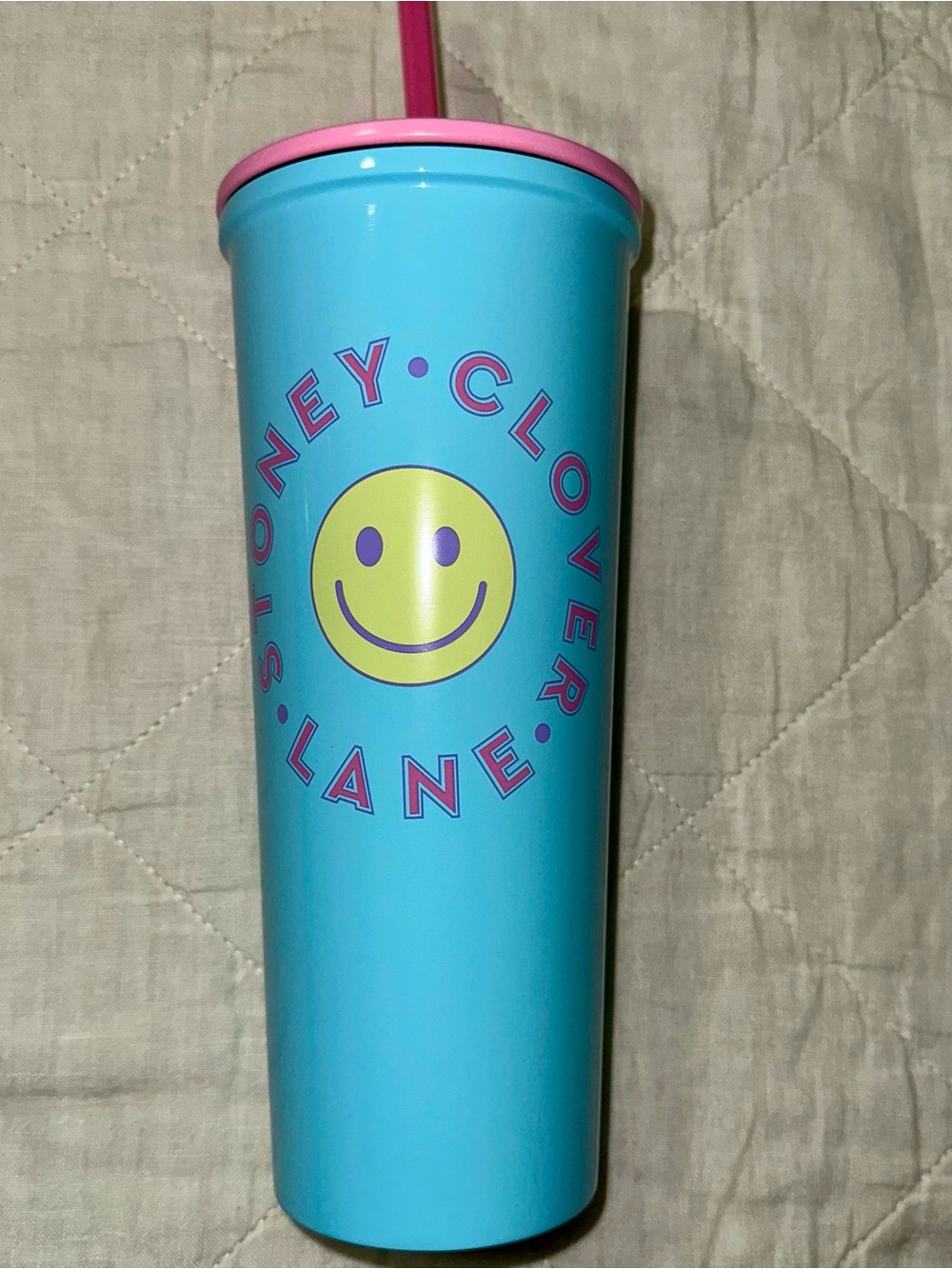 Stoney Clover Lane Aqua Tumbler with Pink Lid and Yellow Smiley